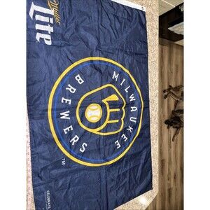 MLB Milwaukee Brewers Baseball Navy/Yellow Logo Miller Lite Flag New 48x30”